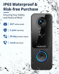 1080P WiFi Doorbell Camera with Chime - Smart Home Security, Alexa & Google Compatible, MUBVIEW J9 Plus (Black)