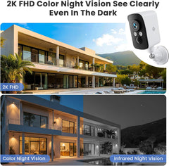 2K Wireless Outdoor Security Camera, 2.4G WiFi, Magnetic Mount, Battery & Solar Powered