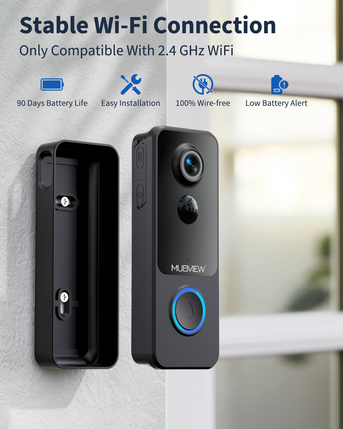 1080P Smart Video Doorbell Wireless with Chime WiFi Door Bell Cameras for Home Security MUBVIEW J9 Plus Black