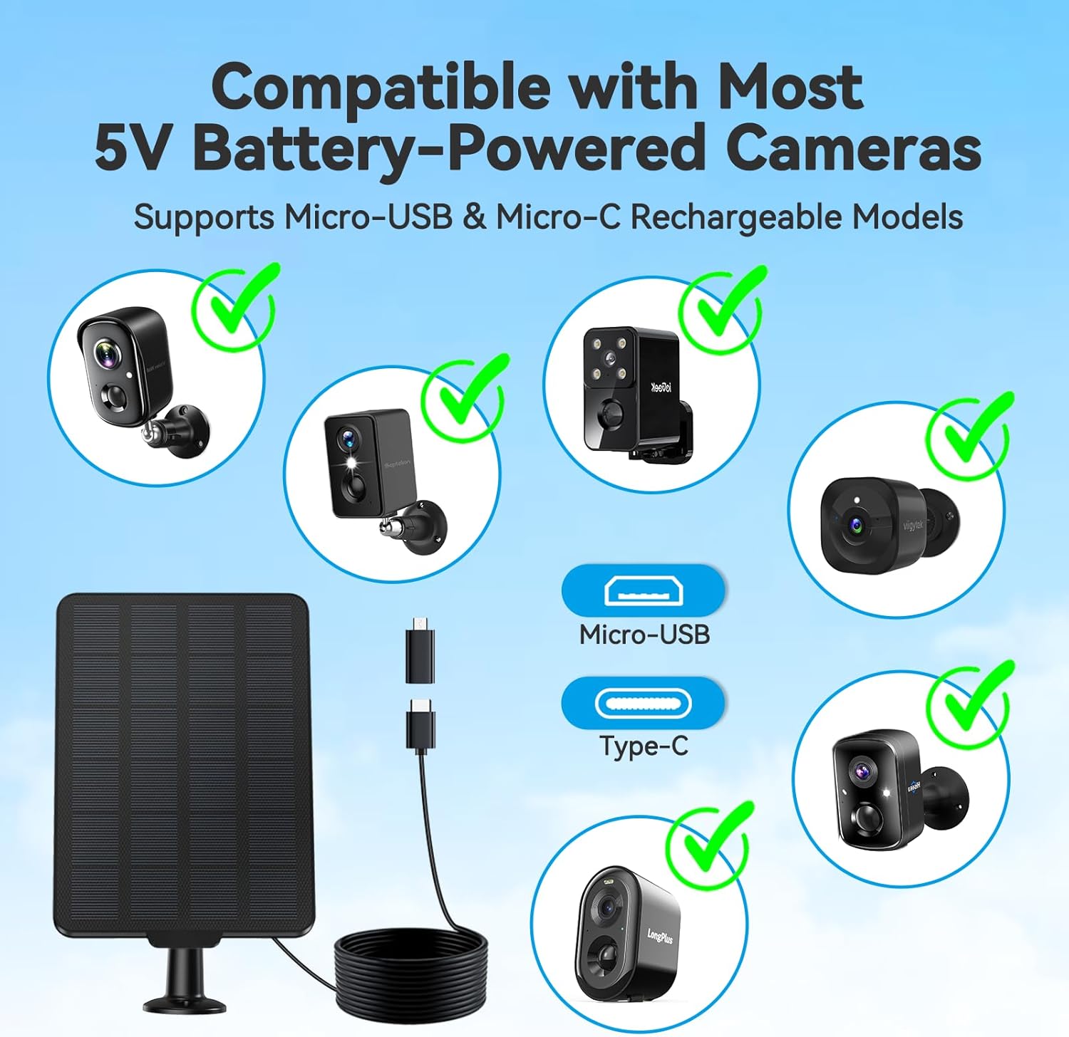3W Solar Panel for Battery-Powered Security Cameras,USB-C & Micro USB Solar Charger for Wireless Outdoor Cameras,IP65 Waterproof, 9.8ft Cable, 360° Adjustable Mount - Black