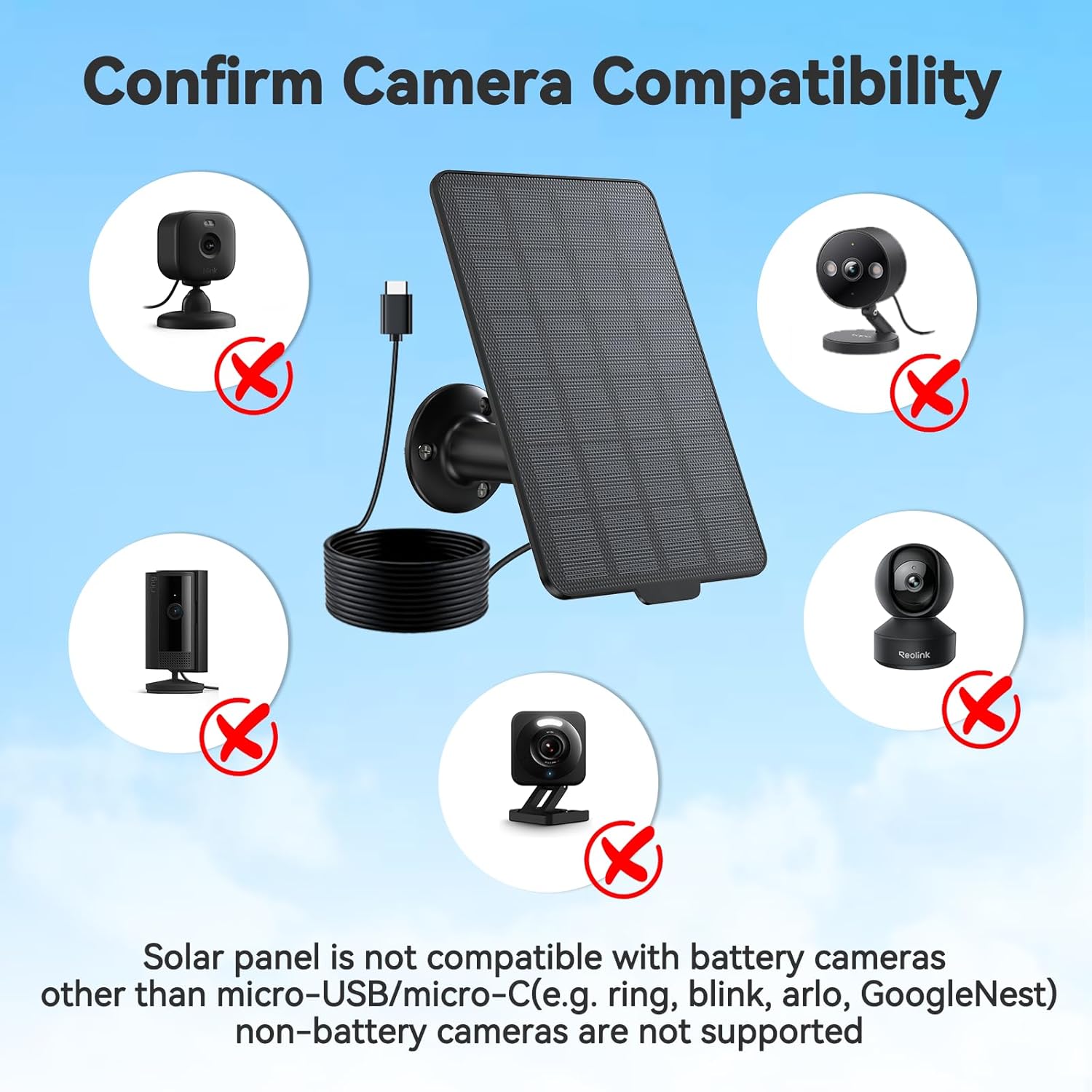 3W Solar Panel for Battery-Powered Security Cameras,USB-C & Micro USB Solar Charger for Wireless Outdoor Cameras,IP65 Waterproof, 9.8ft Cable, 360° Adjustable Mount - Black