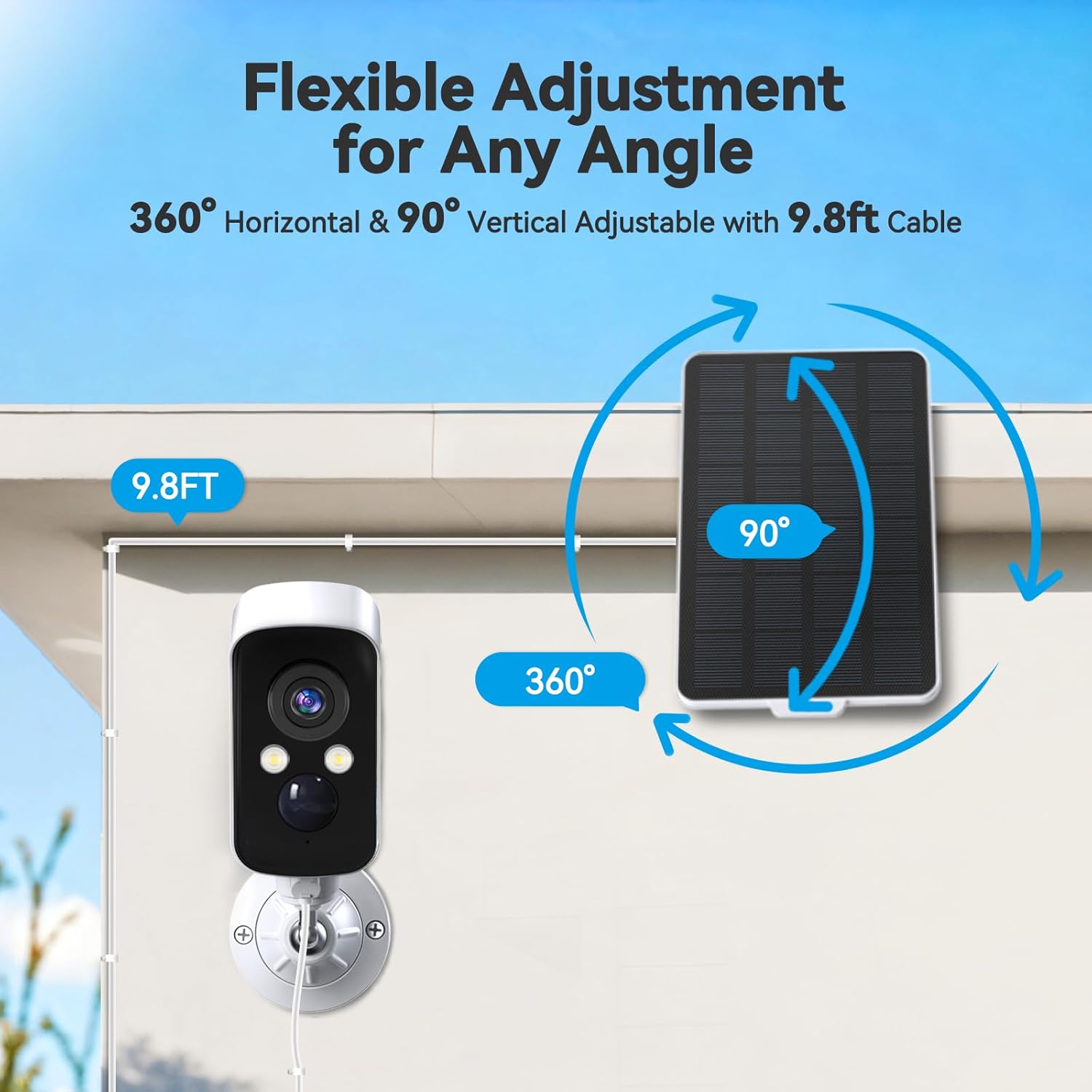 3W Solar Panel for Battery-Powered Security Cameras,USB-C & Micro USB Solar Charger for Wireless Outdoor Cameras,IP65 Waterproof, 9.8ft Cable, 360° Adjustable Mount - White