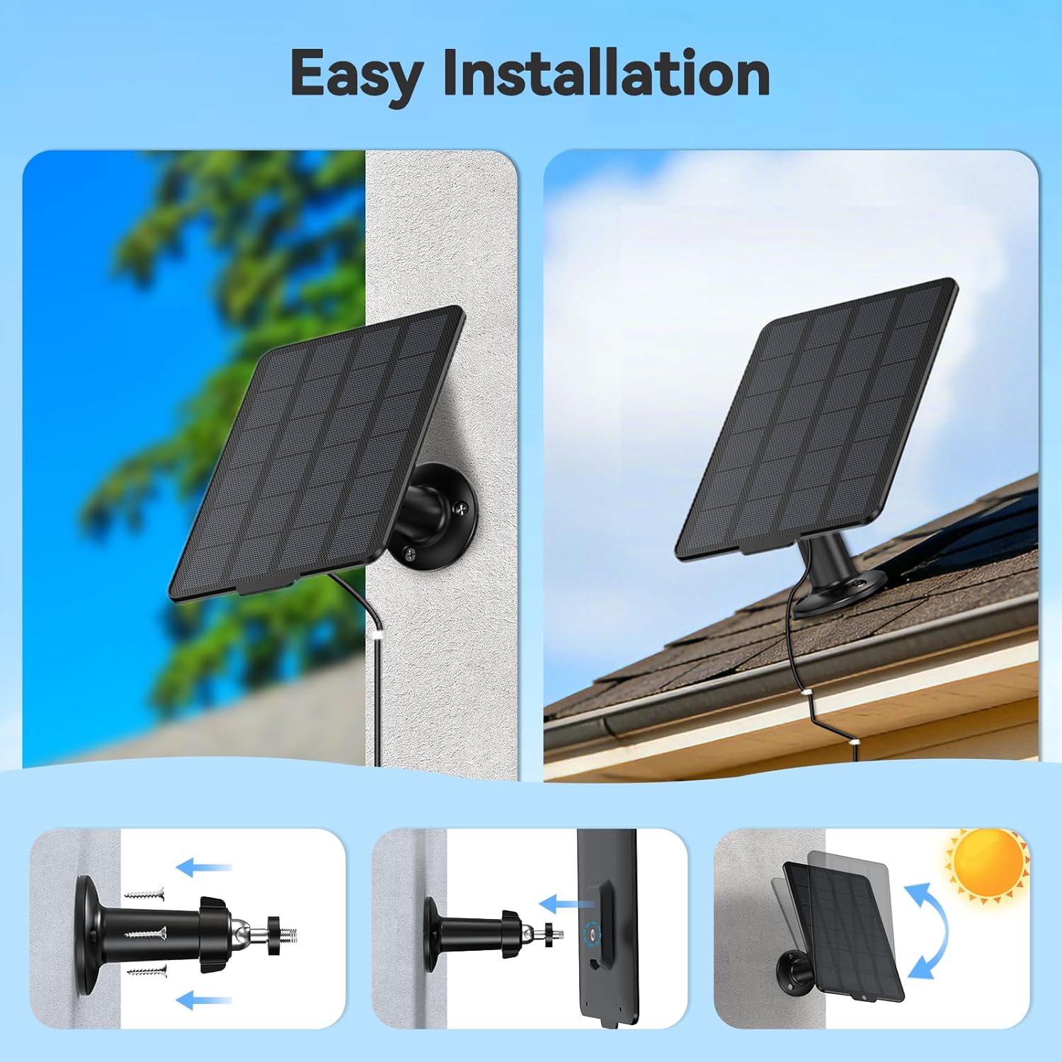 3W Solar Panel for Battery-Powered Security Cameras,USB-C & Micro USB Solar Charger for Wireless Outdoor Cameras,IP65 Waterproof, 9.8ft Cable, 360° Adjustable Mount - Black