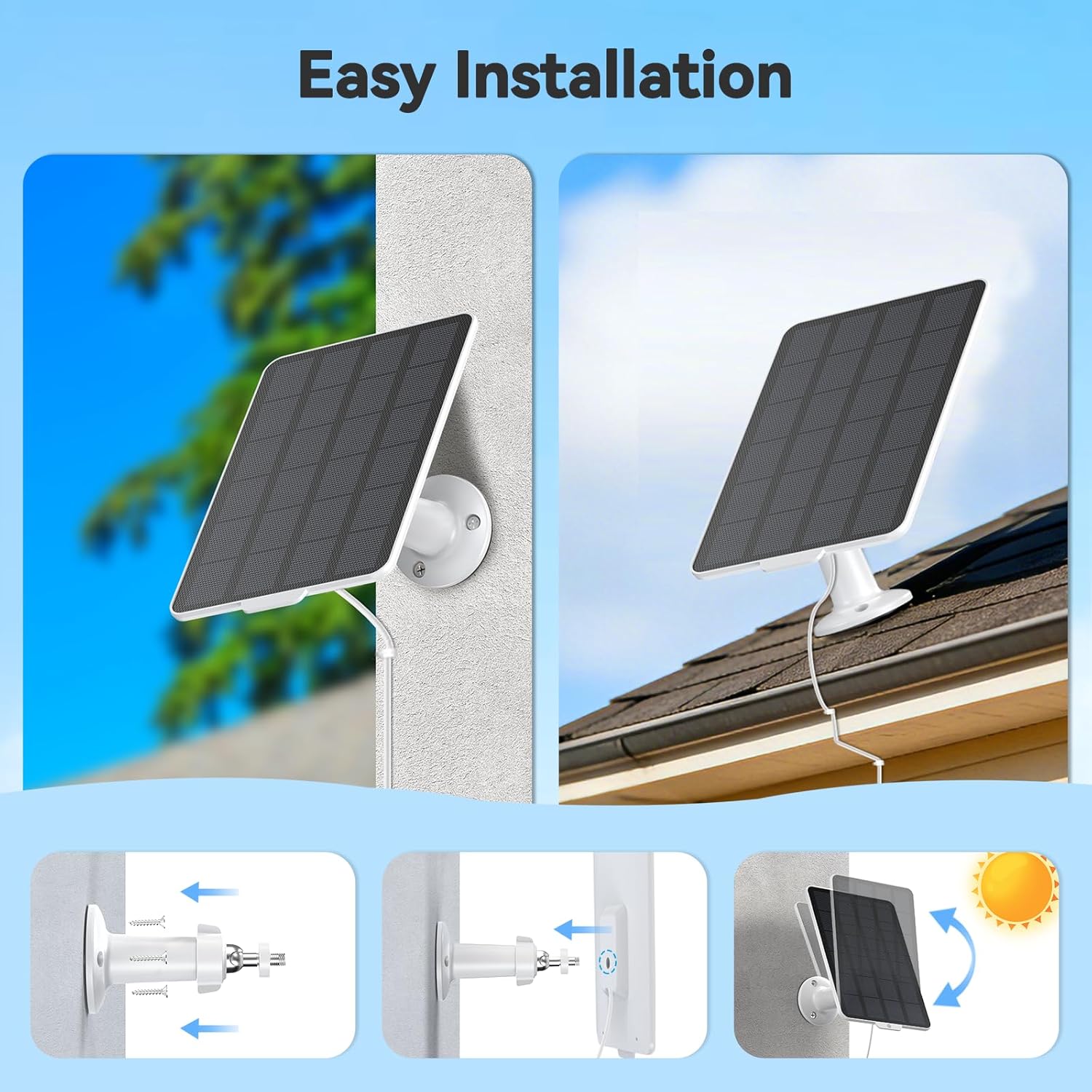 3W Solar Panel for Battery-Powered Security Cameras,USB-C & Micro USB Solar Charger for Wireless Outdoor Cameras,IP65 Waterproof, 9.8ft Cable, 360° Adjustable Mount - White