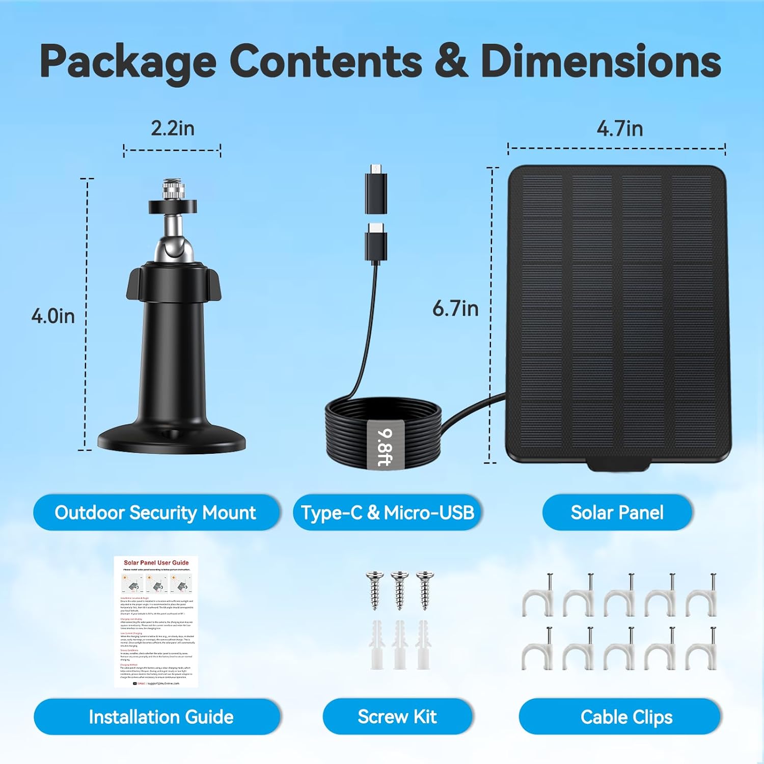3W Solar Panel for Battery-Powered Security Cameras,USB-C & Micro USB Solar Charger for Wireless Outdoor Cameras,IP65 Waterproof, 9.8ft Cable, 360° Adjustable Mount - Black