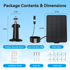 3W Solar Panel for Battery-Powered Security Cameras,USB-C & Micro USB Solar Charger for Wireless Outdoor Cameras,IP65 Waterproof, 9.8ft Cable, 360° Adjustable Mount - Black
