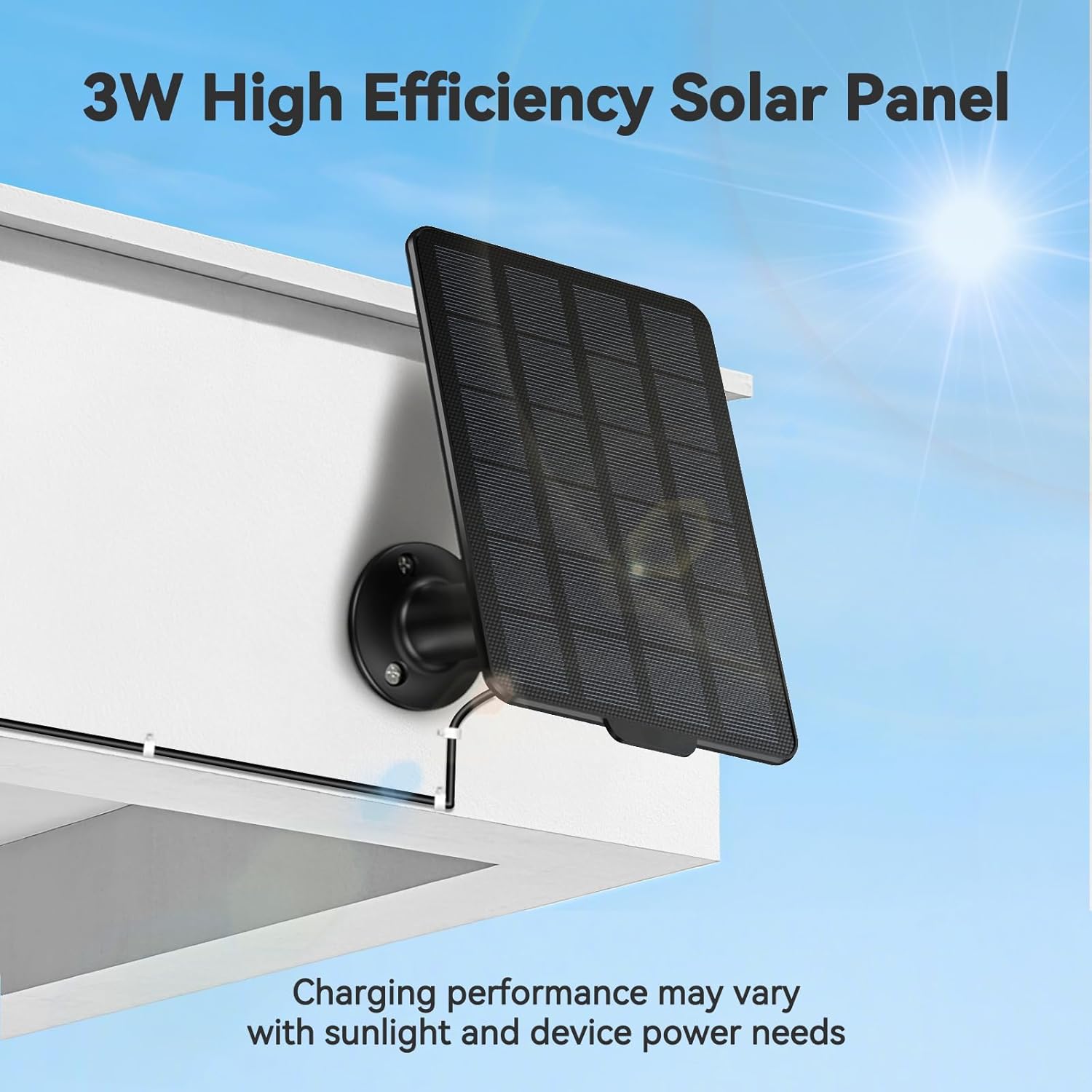 3W Solar Panel for Battery-Powered Security Cameras,USB-C & Micro USB Solar Charger for Wireless Outdoor Cameras,IP65 Waterproof, 9.8ft Cable, 360° Adjustable Mount - Black