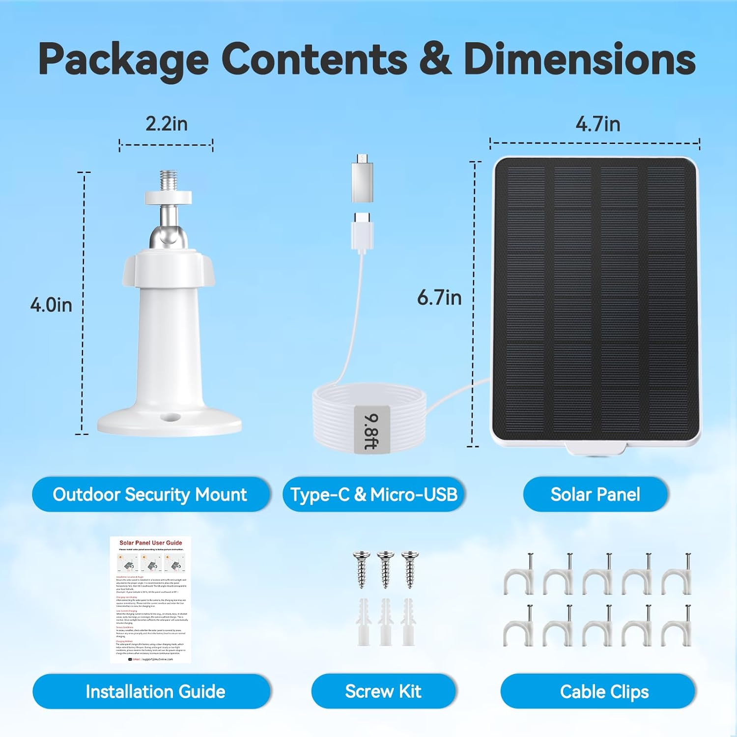 3W Solar Panel for Battery-Powered Security Cameras,USB-C & Micro USB Solar Charger for Wireless Outdoor Cameras,IP65 Waterproof, 9.8ft Cable, 360° Adjustable Mount - White
