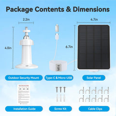 3W Solar Panel for Battery-Powered Security Cameras,USB-C & Micro USB Solar Charger for Wireless Outdoor Cameras,IP65 Waterproof, 9.8ft Cable, 360° Adjustable Mount - White