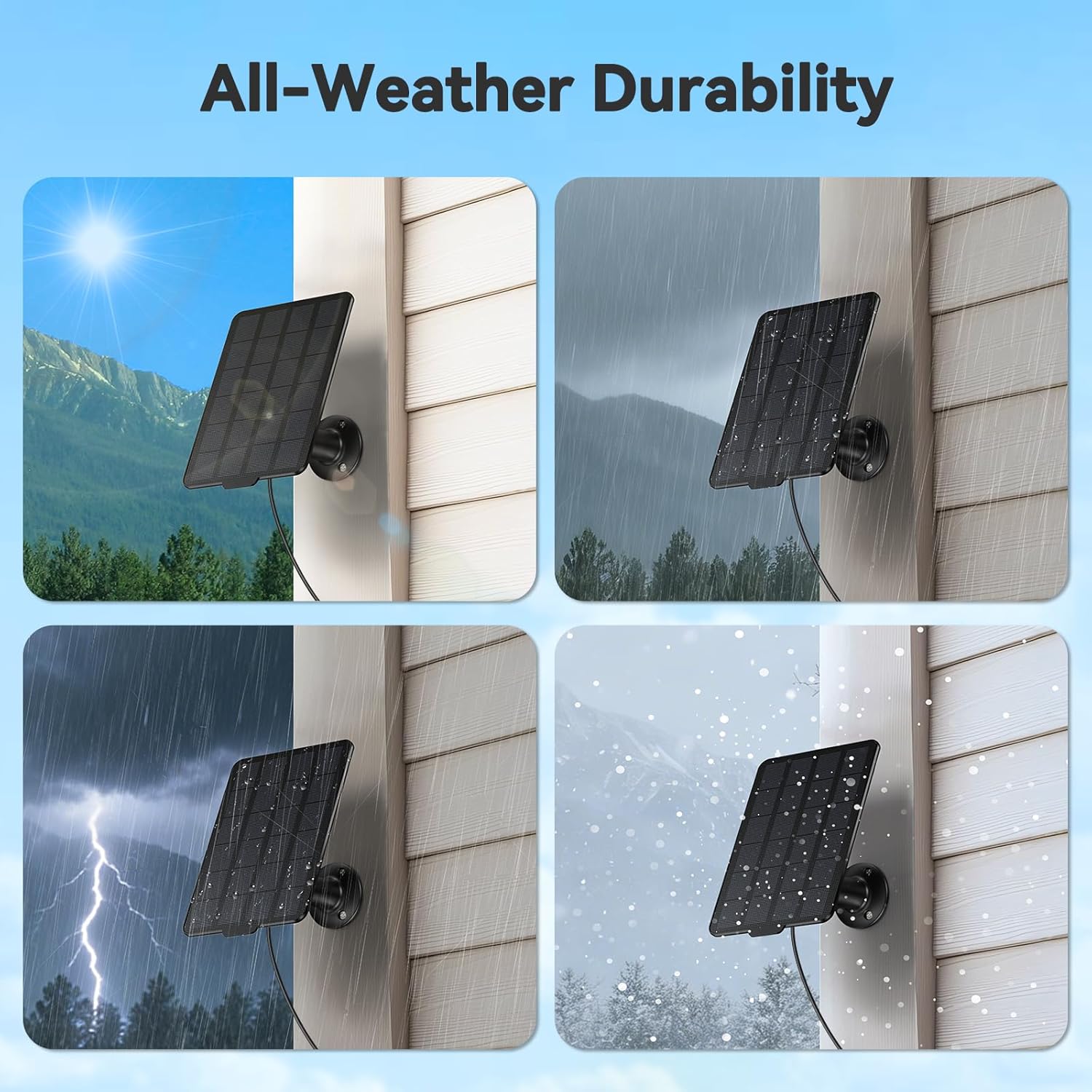 3W Solar Panel for Battery-Powered Security Cameras,USB-C & Micro USB Solar Charger for Wireless Outdoor Cameras,IP65 Waterproof, 9.8ft Cable, 360° Adjustable Mount - Black