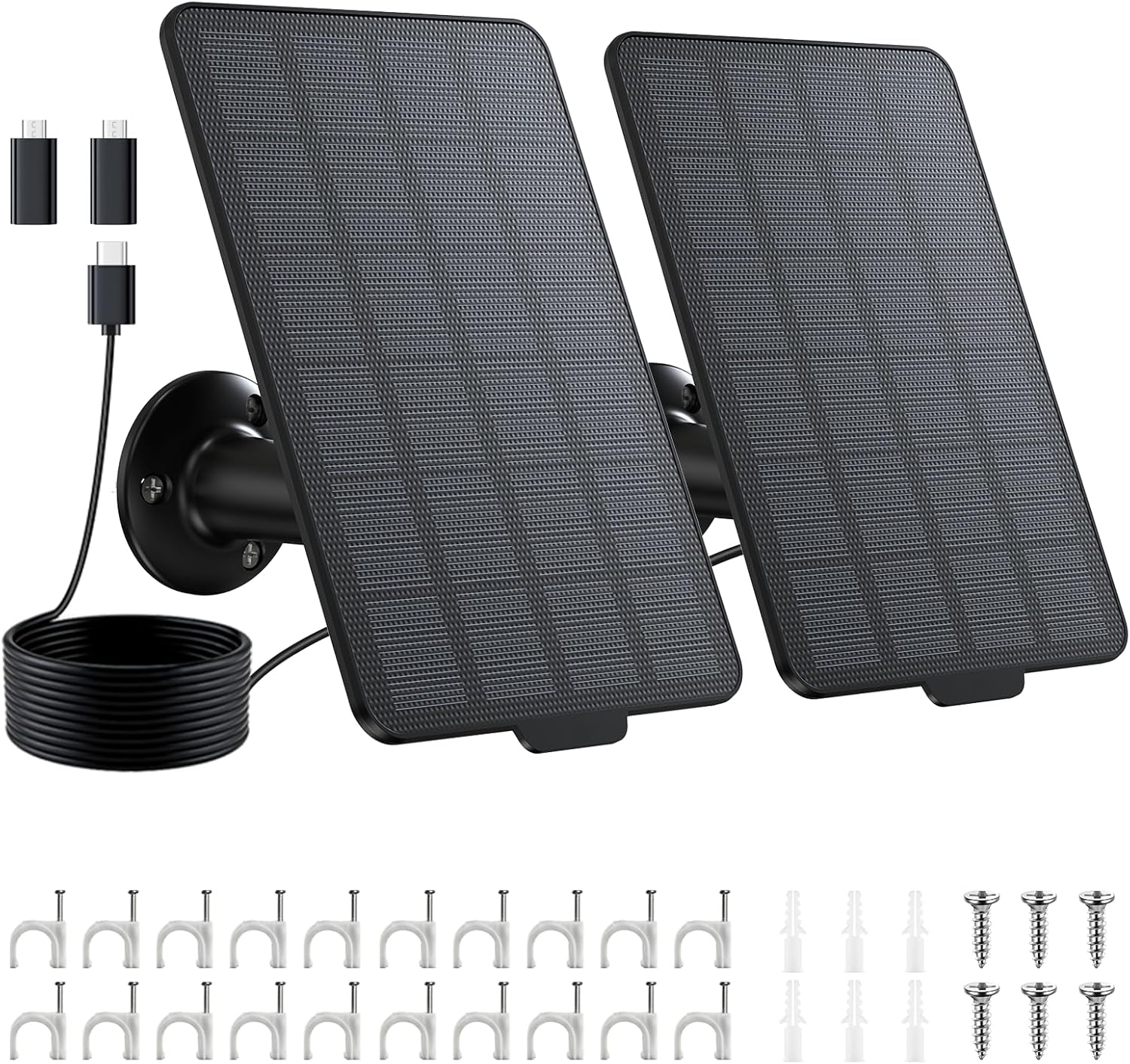3W Solar Panel for Battery-Powered Security Cameras,USB-C & Micro USB Solar Charger for Wireless Outdoor Cameras,IP65 Waterproof, 9.8ft Cable, 360° Adjustable Mount - Black