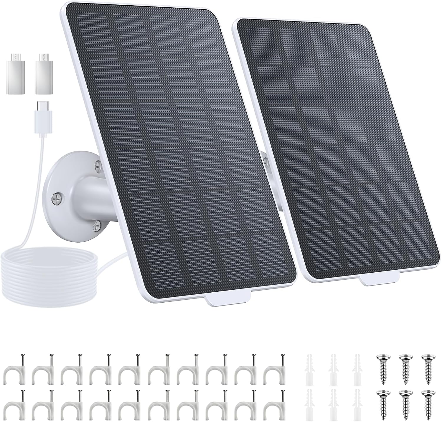 3W Solar Panel for Battery-Powered Security Cameras,USB-C & Micro USB Solar Charger for Wireless Outdoor Cameras,IP65 Waterproof, 9.8ft Cable, 360° Adjustable Mount - White