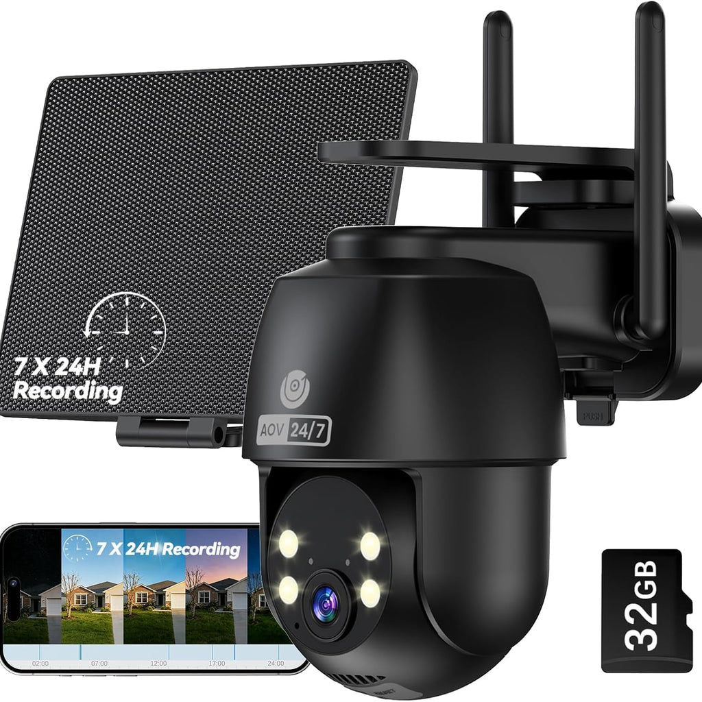 24/7 Continuous Recording 360° PTZ 2K Solar Wireless Outdoor Security ...