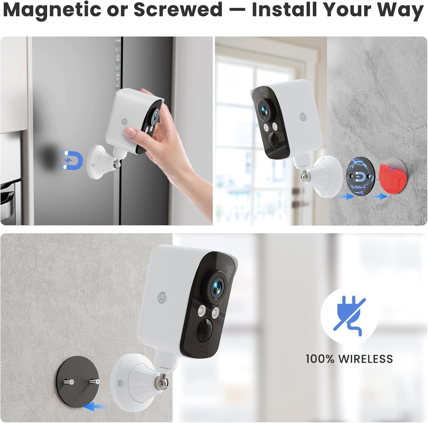 300° Pan Wireless Outdoor Security Camera, Magnetic Mount, Battery Powered Cam Indoor, 2.4G WiFi, 2K, AI Detection, Night Vision, 2-Way Talk, Lifetime 7-Day Cloud/SD Storage, for Home Security, IP65 Naseto