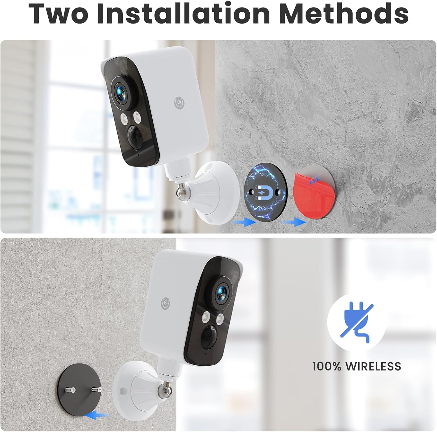 2K Wireless Outdoor Security Camera, 2.4G WiFi, Magnetic Mount, Battery & Solar Powered